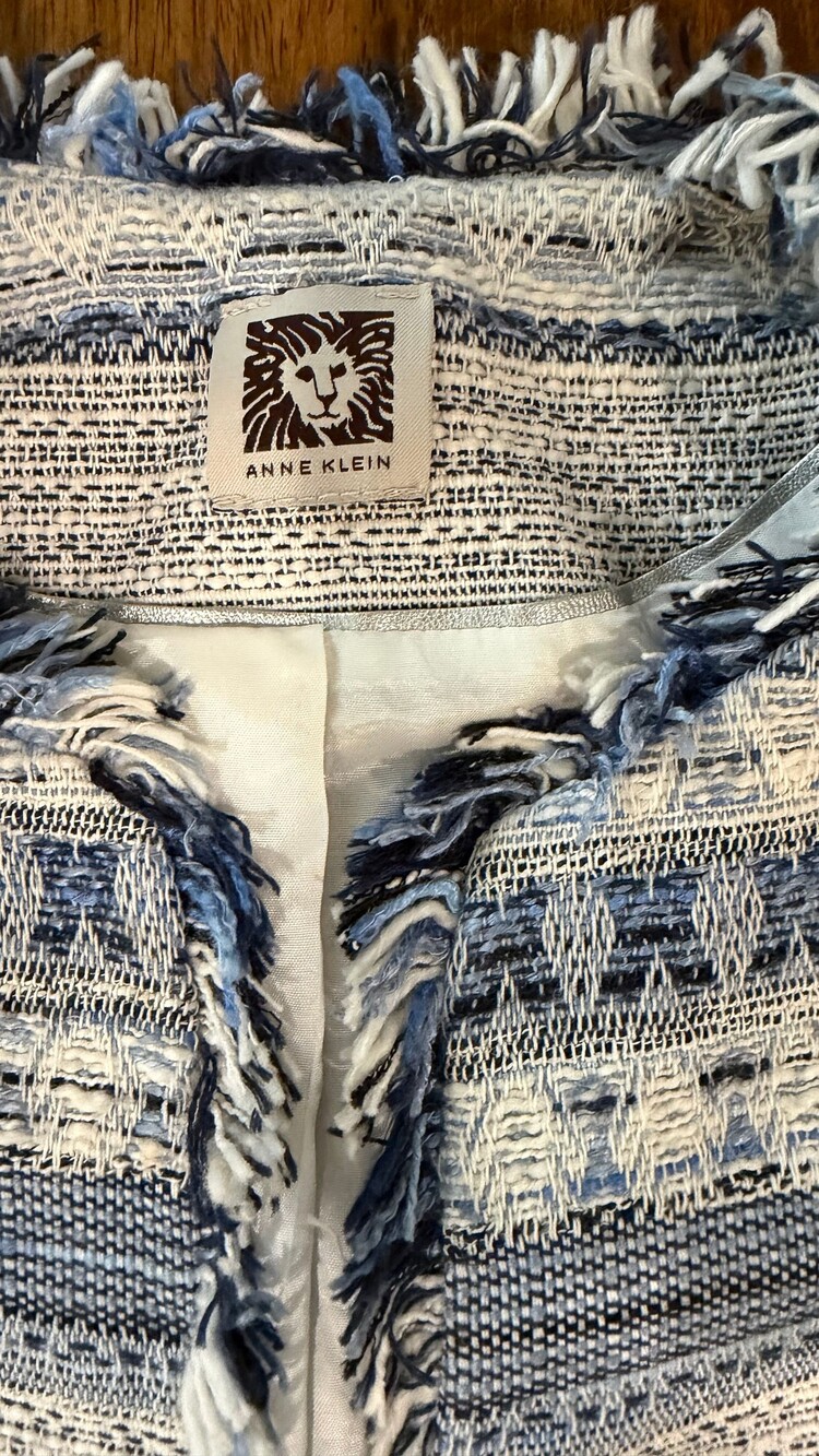 Anne Klein Tweed Jacket Blue White Fringe Trim Collarless Blazer